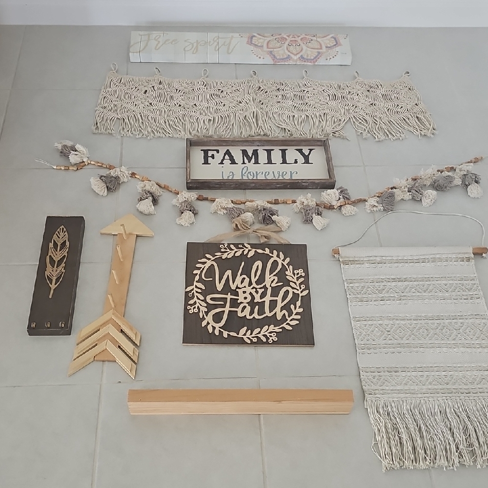 Boho Wall Decor Set with Macrame and Wood Signs
